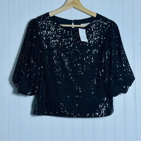 Alexia Admor Black Sequin Blake Sequin Boxy Crop Top Sz S Keyhole back button - Picture 2 of 6